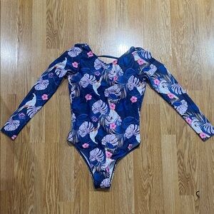 SHEIN Navy Blue Long Sleeve Tropical One-Piece Swimsuit with Pink Accents
